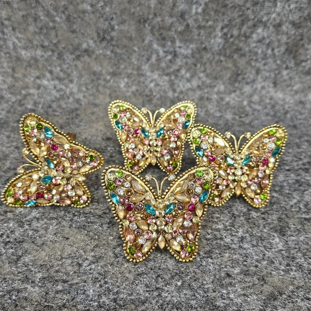 Set of 4 Tahari Rhinestone Butterfly Napkin Rings, Multicolor Gold